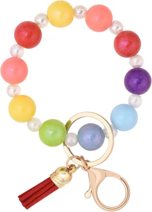 BAOSIWA Silicone Beaded Keychain Wristlet Key Ring Bracelet Cute Car Key Chain Holder with Acrylic Beads for Women Girls