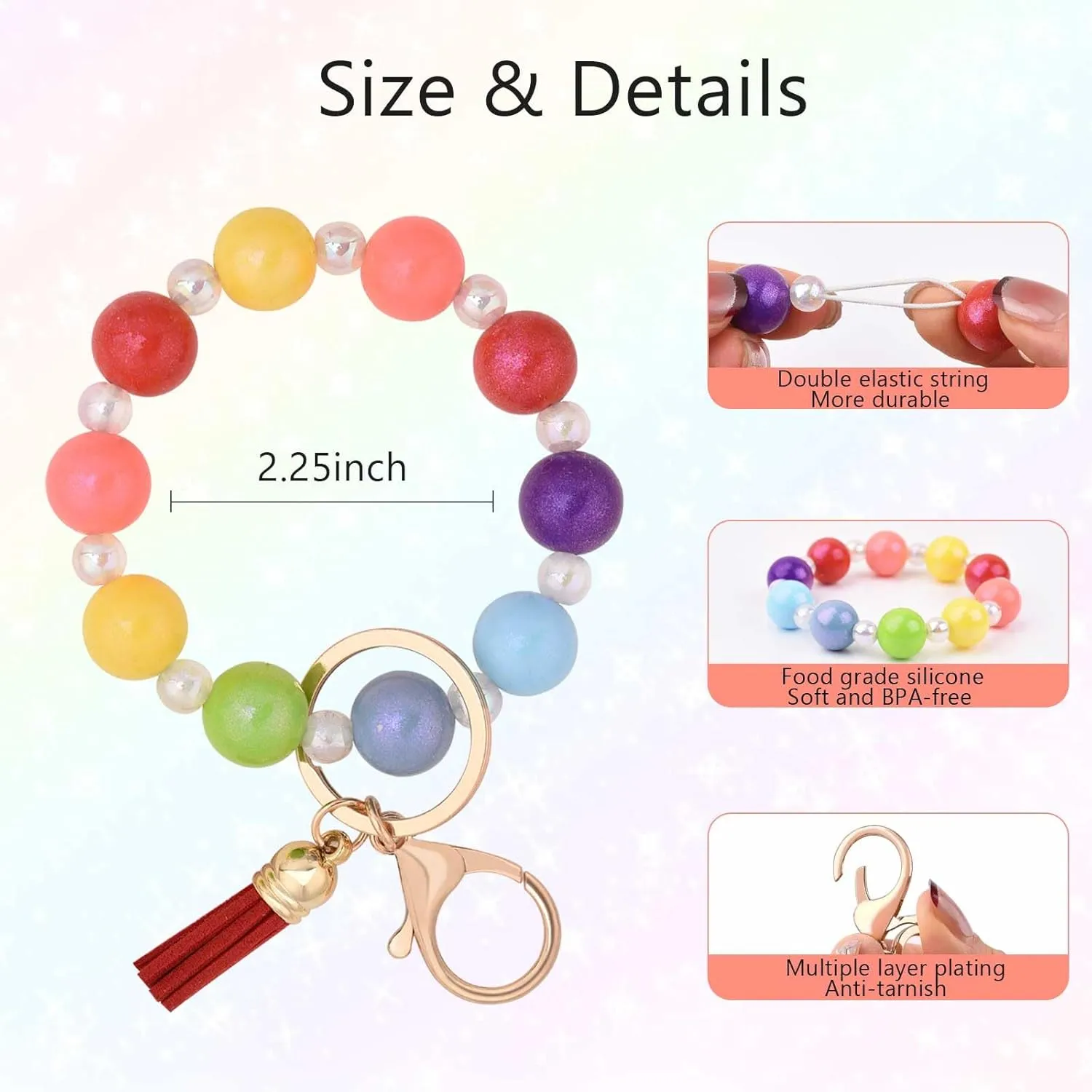 BAOSIWA Silicone Beaded Keychain Wristlet Key Ring Bracelet Cute Car Key Chain Holder with Acrylic Beads for Women Girls