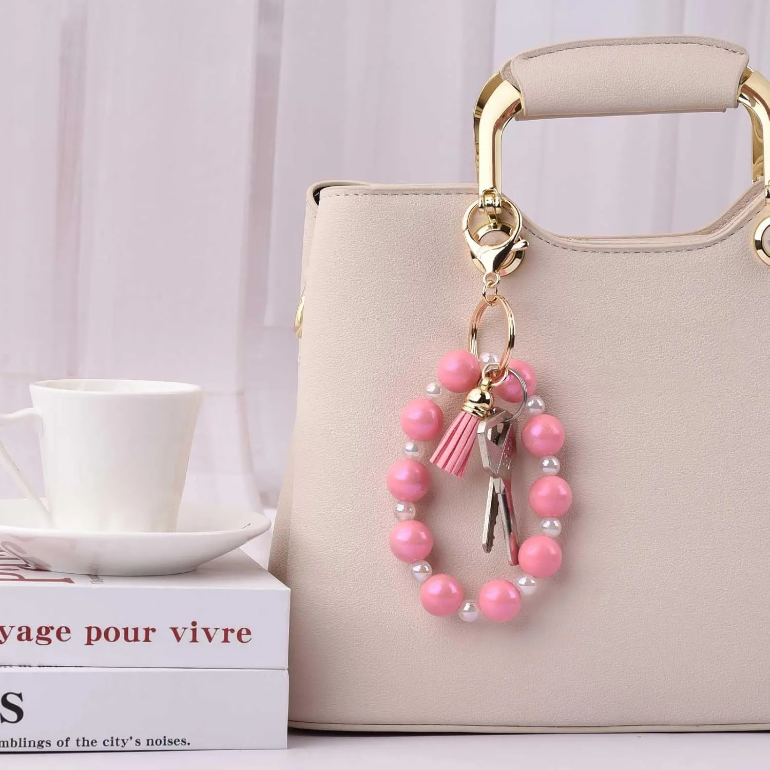 BAOSIWA Silicone Beaded Keychain Wristlet Key Ring Bracelet Cute Car Key Chain Holder with Acrylic Beads for Women Girls