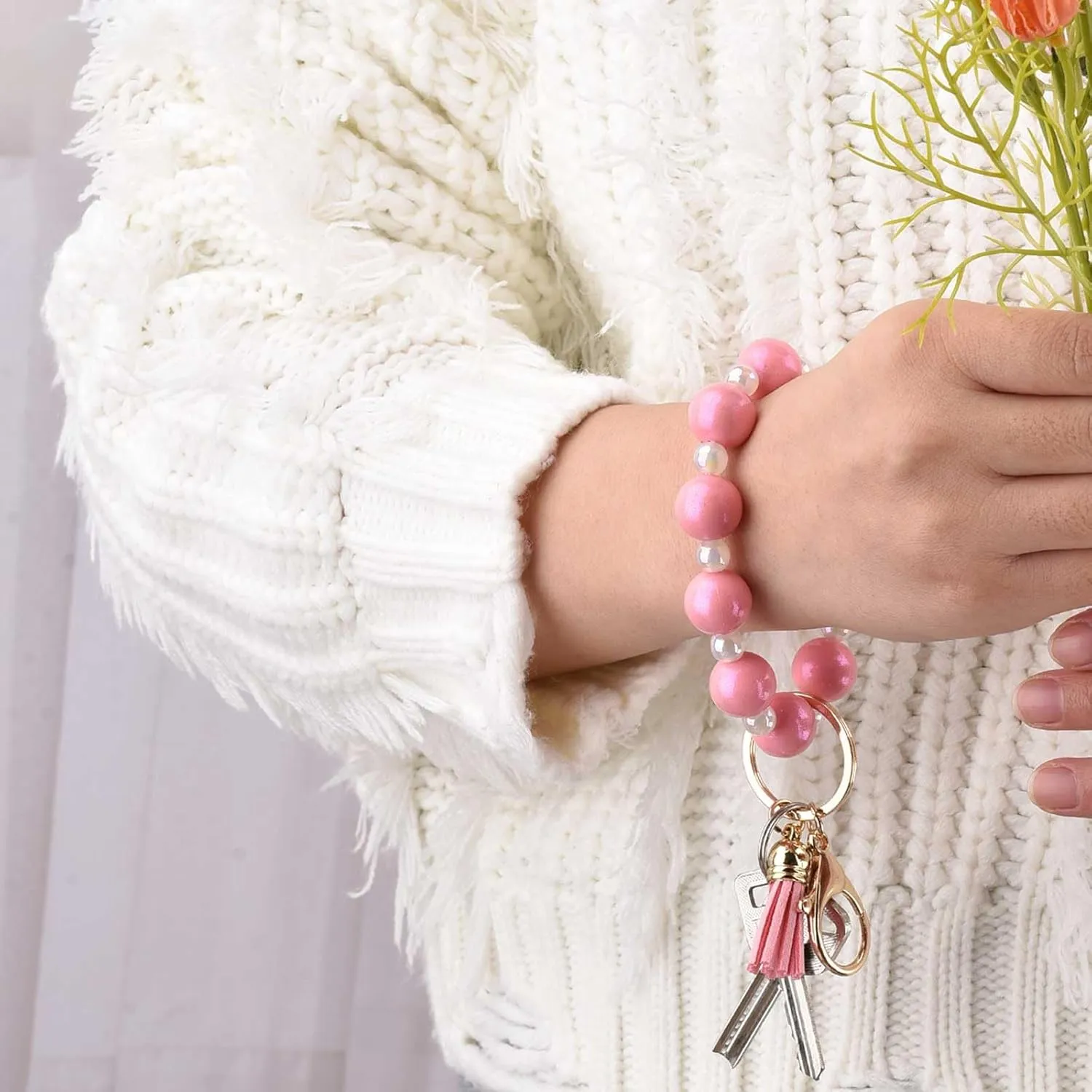 BAOSIWA Silicone Beaded Keychain Wristlet Key Ring Bracelet Cute Car Key Chain Holder with Acrylic Beads for Women Girls
