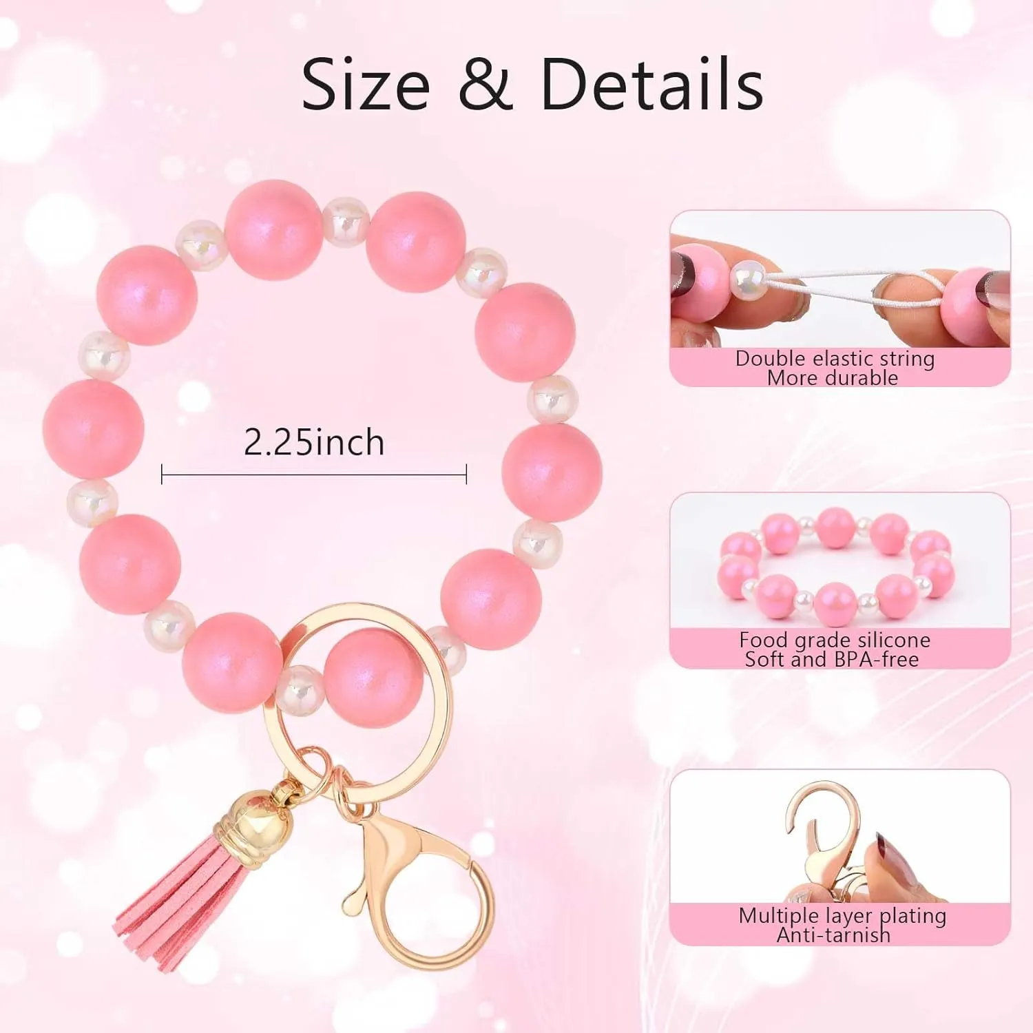 BAOSIWA Silicone Beaded Keychain Wristlet Key Ring Bracelet Cute Car Key Chain Holder with Acrylic Beads for Women Girls