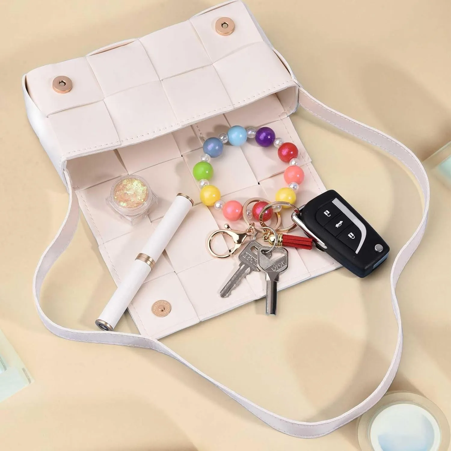 BAOSIWA Silicone Beaded Keychain Wristlet Key Ring Bracelet Cute Car Key Chain Holder with Acrylic Beads for Women Girls