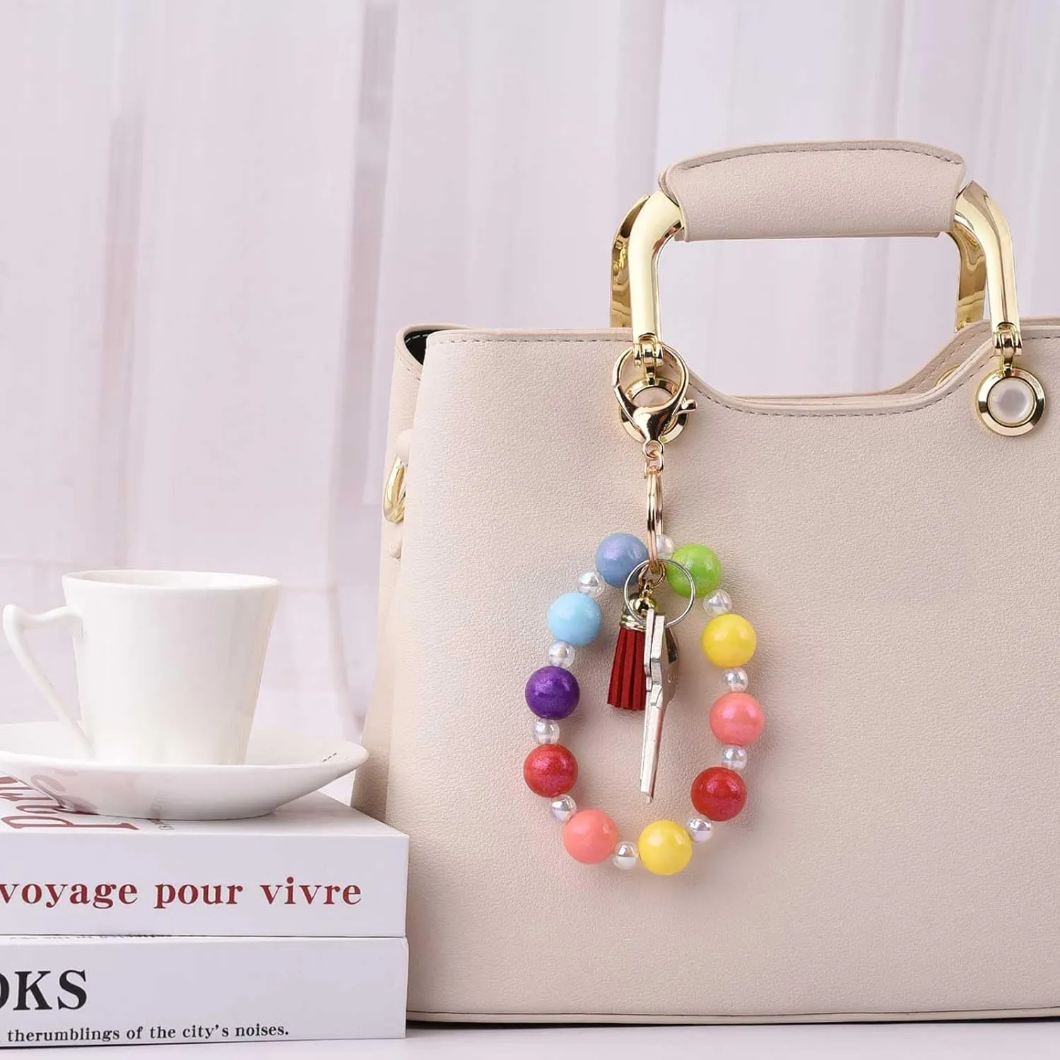 BAOSIWA Silicone Beaded Keychain Wristlet Key Ring Bracelet Cute Car Key Chain Holder with Acrylic Beads for Women Girls