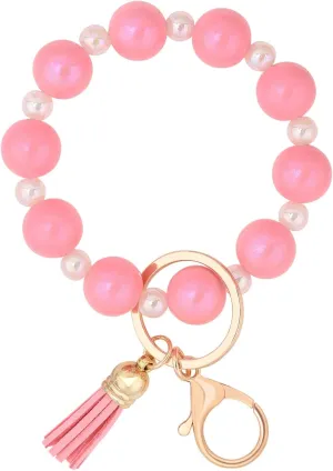 BAOSIWA Silicone Beaded Keychain Wristlet Key Ring Bracelet Cute Car Key Chain Holder with Acrylic Beads for Women Girls