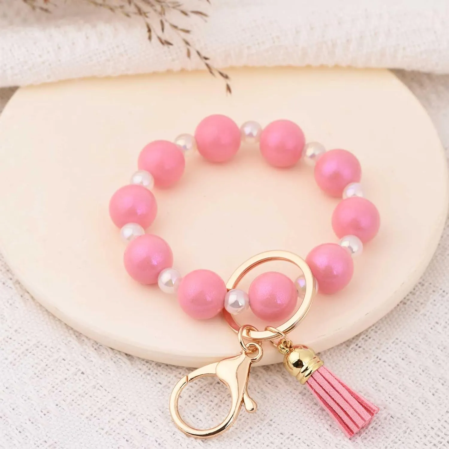 BAOSIWA Silicone Beaded Keychain Wristlet Key Ring Bracelet Cute Car Key Chain Holder with Acrylic Beads for Women Girls
