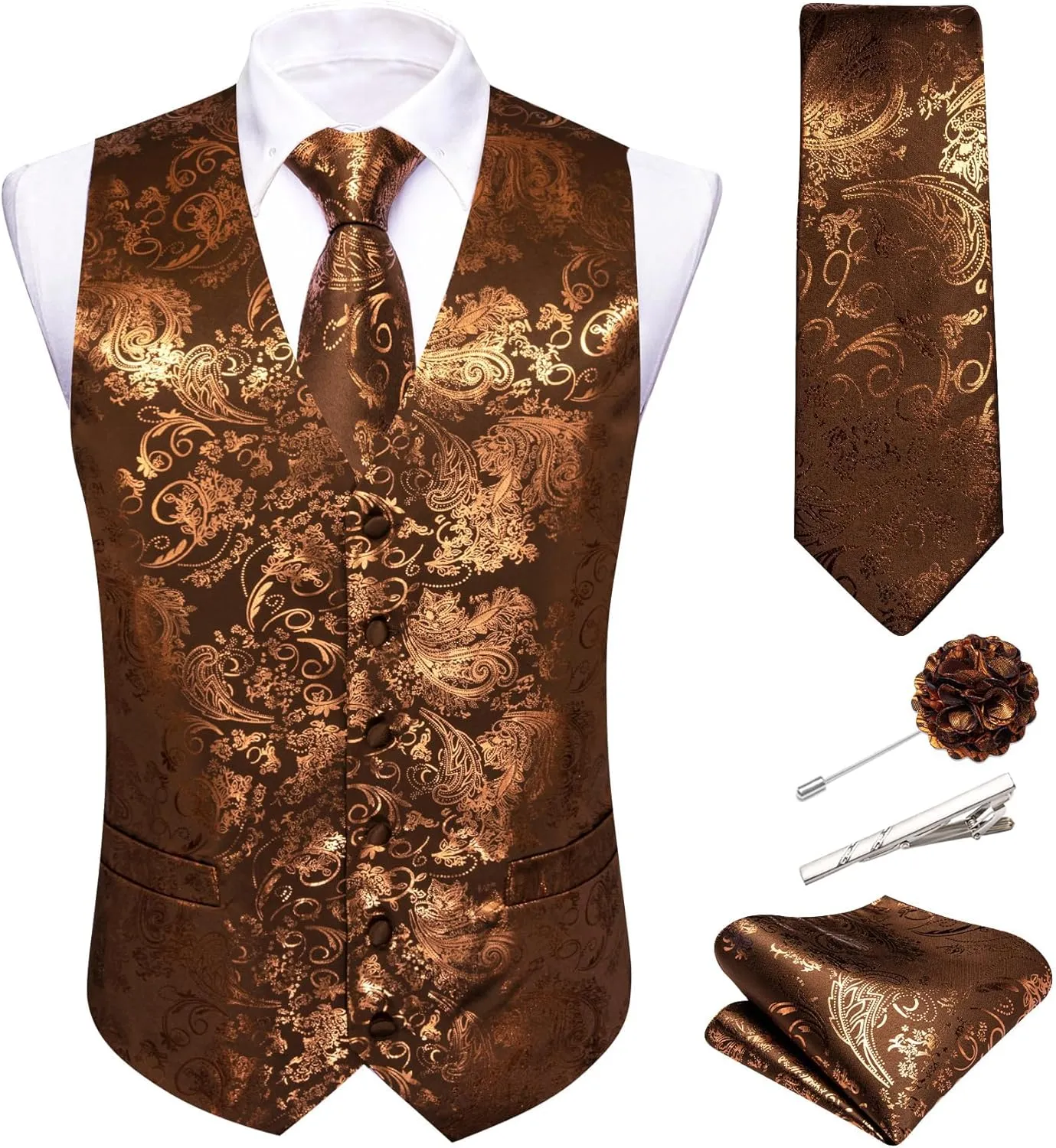 Barry.Wang Mens Shiny Disco Vests Party Nightclub Paisley Metallic Gothic Vest Tie Handkerchief Cufflink Clip Brooch 6PCS