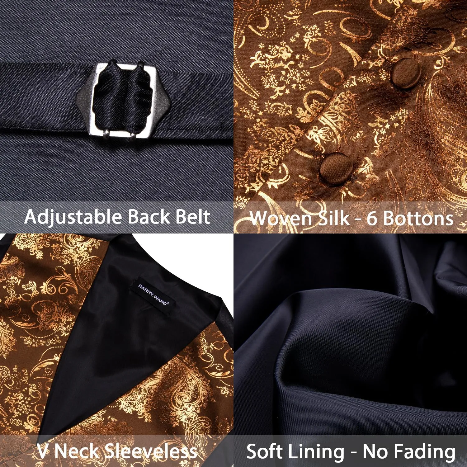 Barry.Wang Mens Shiny Disco Vests Party Nightclub Paisley Metallic Gothic Vest Tie Handkerchief Cufflink Clip Brooch 6PCS