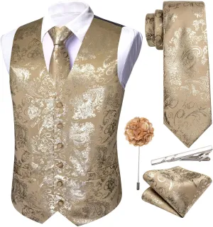 Barry.Wang Mens Shiny Disco Vests Party Nightclub Paisley Metallic Gothic Vest Tie Handkerchief Cufflink Clip Brooch 6PCS