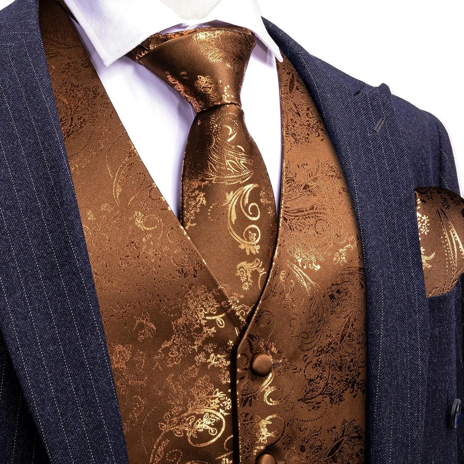 Barry.Wang Mens Shiny Disco Vests Party Nightclub Paisley Metallic Gothic Vest Tie Handkerchief Cufflink Clip Brooch 6PCS