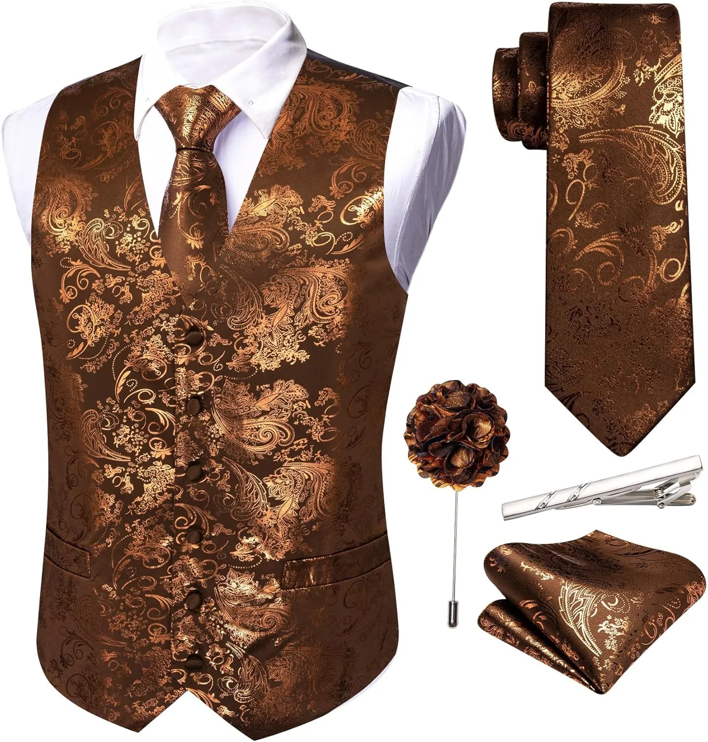 Barry.Wang Mens Shiny Disco Vests Party Nightclub Paisley Metallic Gothic Vest Tie Handkerchief Cufflink Clip Brooch 6PCS