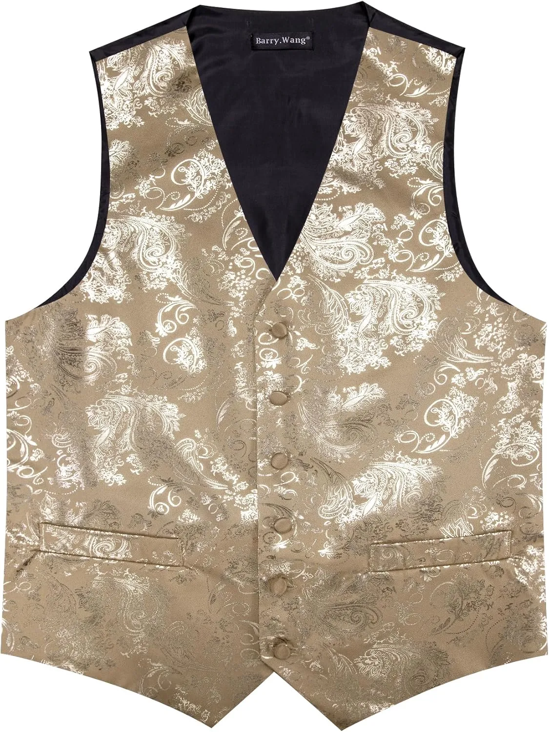 Barry.Wang Mens Shiny Disco Vests Party Nightclub Paisley Metallic Gothic Vest Tie Handkerchief Cufflink Clip Brooch 6PCS
