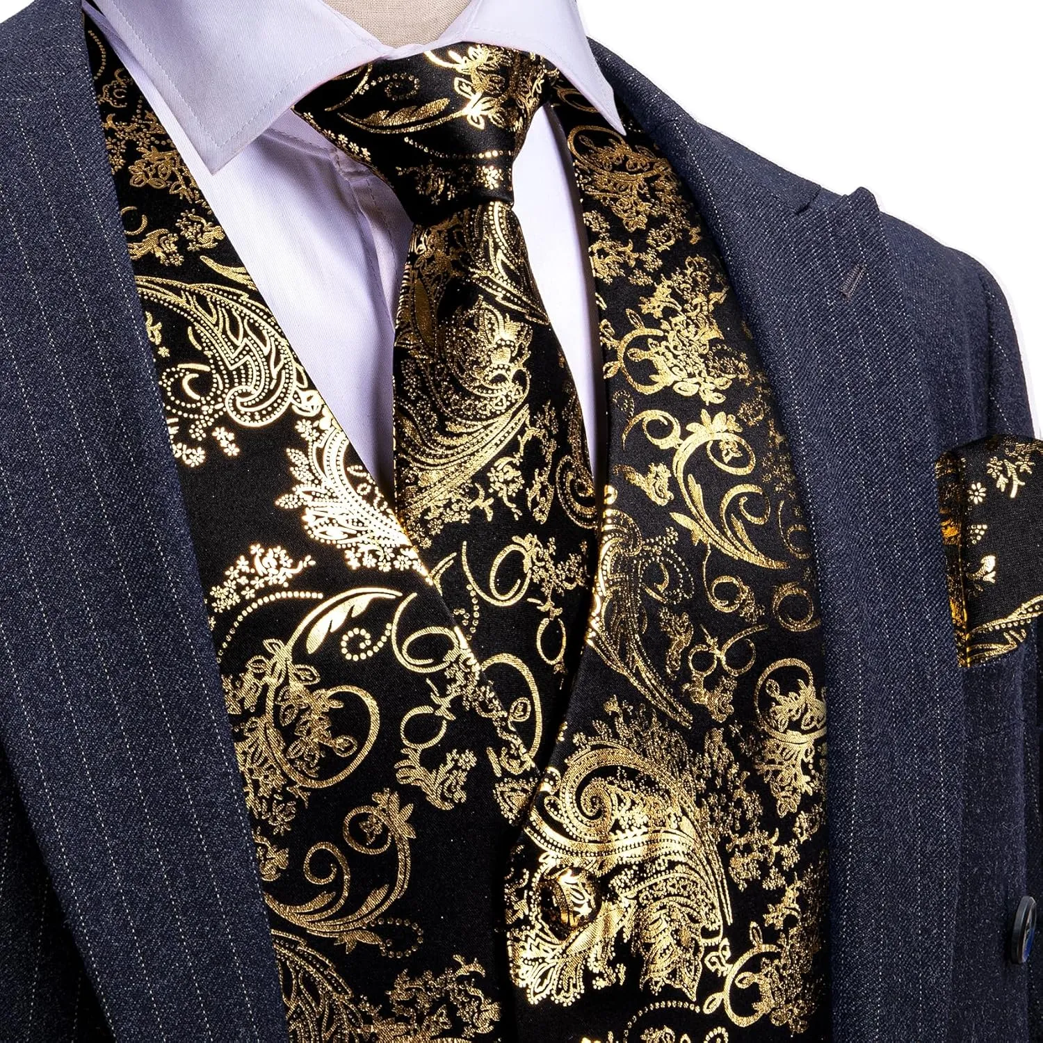 Barry.Wang Mens Shiny Disco Vests Party Nightclub Paisley Metallic Gothic Vest Tie Handkerchief Cufflink Clip Brooch 6PCS