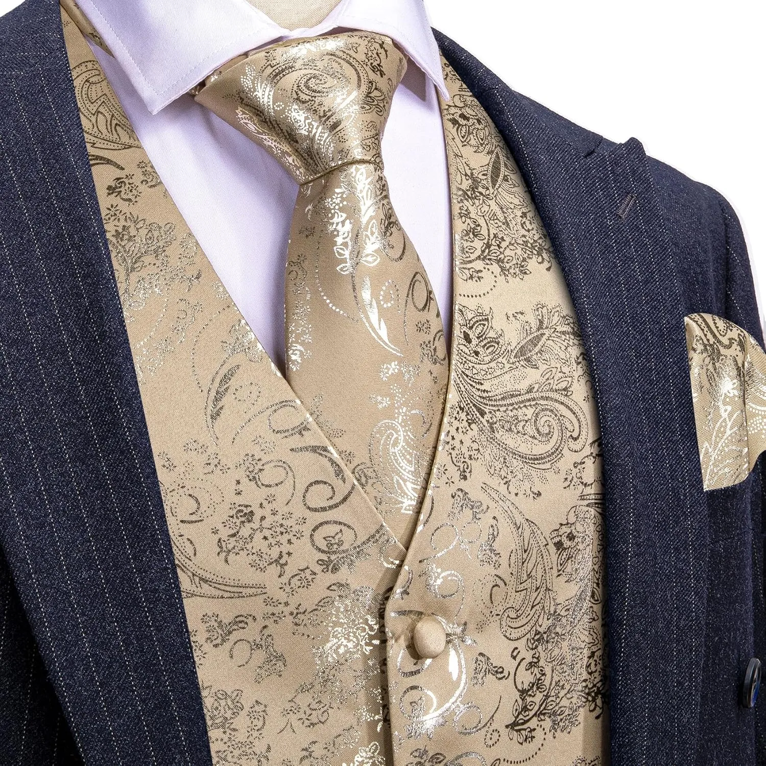 Barry.Wang Mens Shiny Disco Vests Party Nightclub Paisley Metallic Gothic Vest Tie Handkerchief Cufflink Clip Brooch 6PCS