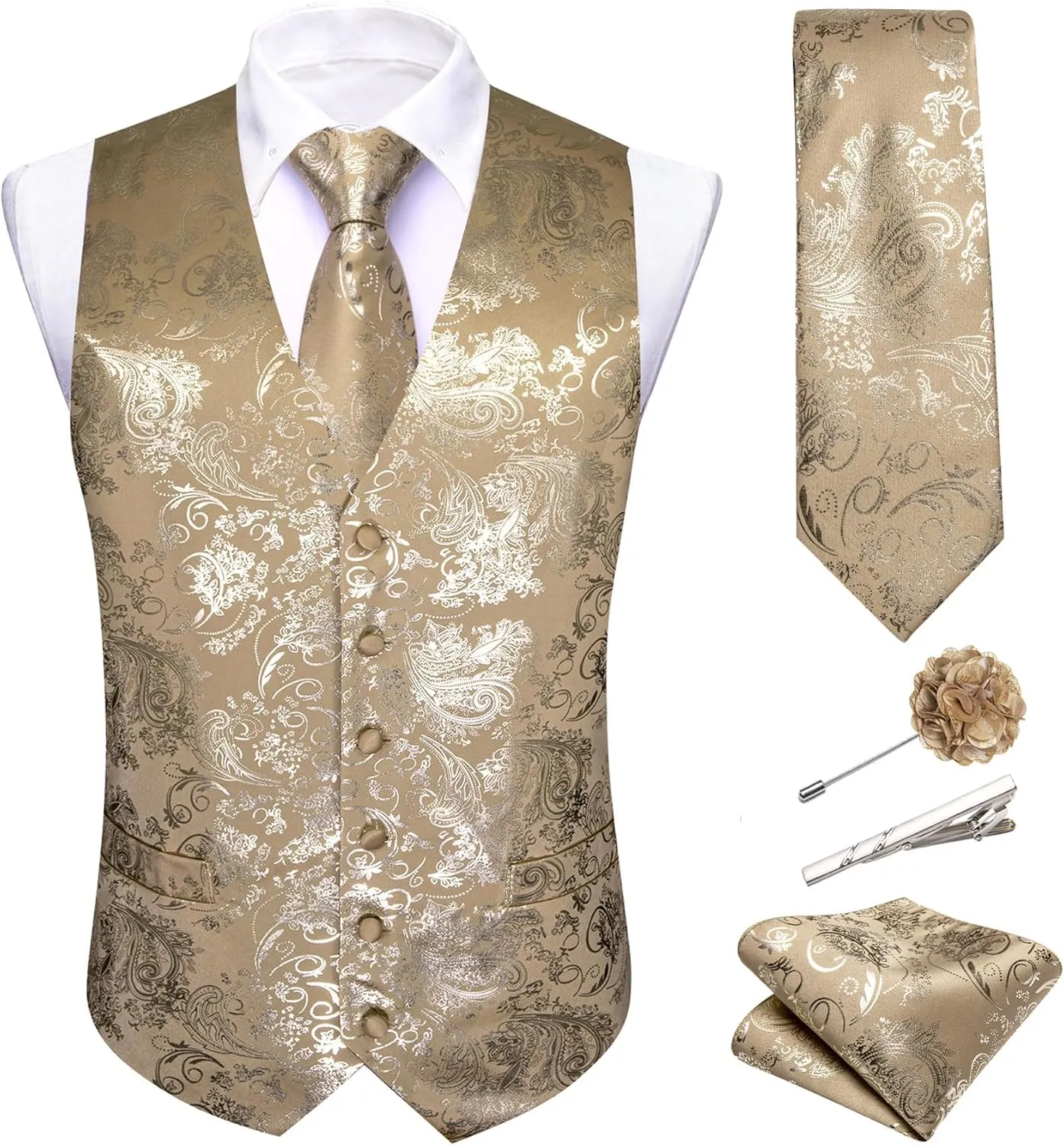 Barry.Wang Mens Shiny Disco Vests Party Nightclub Paisley Metallic Gothic Vest Tie Handkerchief Cufflink Clip Brooch 6PCS