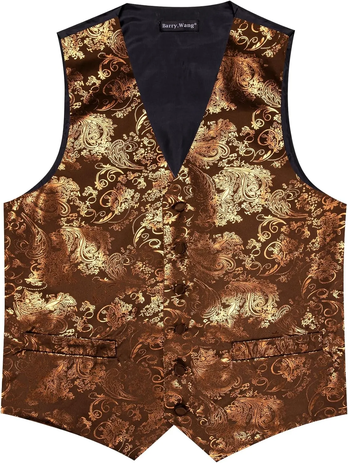 Barry.Wang Mens Shiny Disco Vests Party Nightclub Paisley Metallic Gothic Vest Tie Handkerchief Cufflink Clip Brooch 6PCS