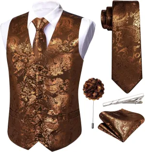Barry.Wang Mens Shiny Disco Vests Party Nightclub Paisley Metallic Gothic Vest Tie Handkerchief Cufflink Clip Brooch 6PCS