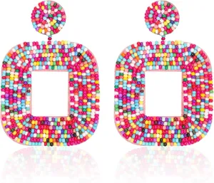 Beaded Drop Earrings, Multicolored Bead Statement Earrings Bohemia Seed Bead Square Earrings Bead Hoop Dangle Earrings for Women Jewelry Gift