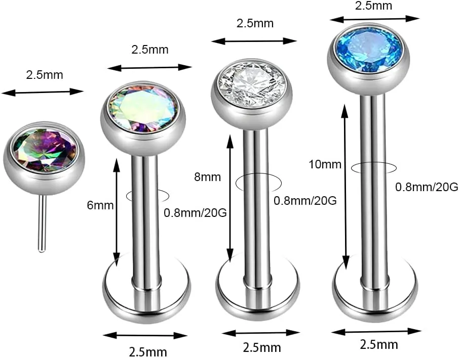 BelezaDosas 16G 18G 20G Titanium Labrets 6mm 8mm 10mm Threadless Push-in Flat Back Medusa Cartilage Cluster Monroe Tragus Lip Nose Studs