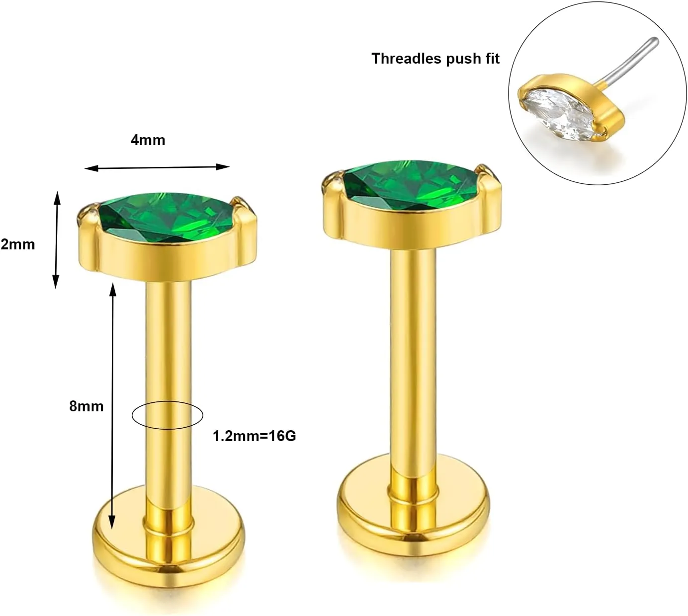 BelezaDosas G23 Titanium Labret Studs 16G Threadless Push-in Press Fit Lip Cluster Tragus Helix Lobe Conch Rook Medusa Cartilage Monroe Earring Push Back Piercing Jewelry