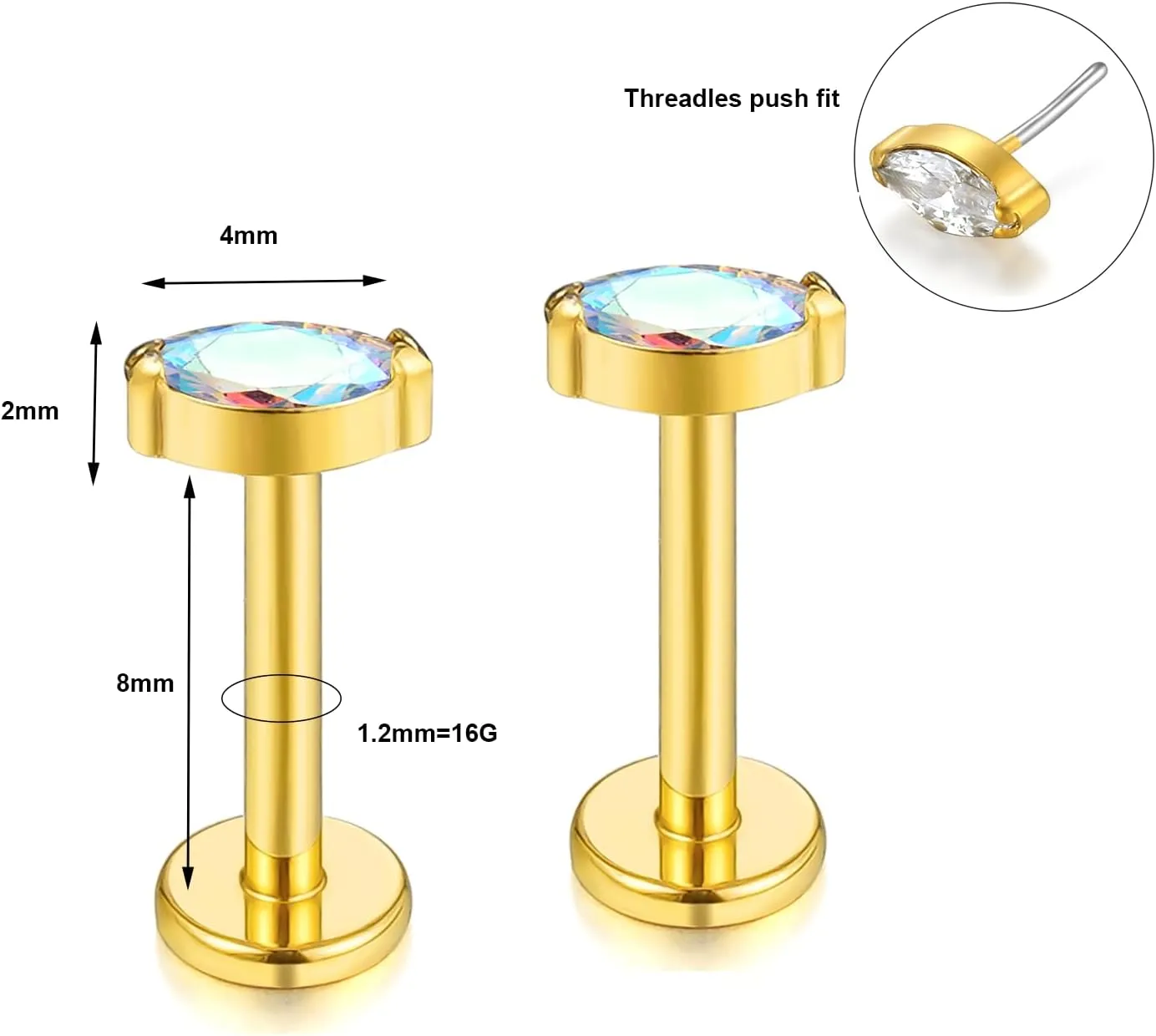 BelezaDosas G23 Titanium Labret Studs 16G Threadless Push-in Press Fit Lip Cluster Tragus Helix Lobe Conch Rook Medusa Cartilage Monroe Earring Push Back Piercing Jewelry
