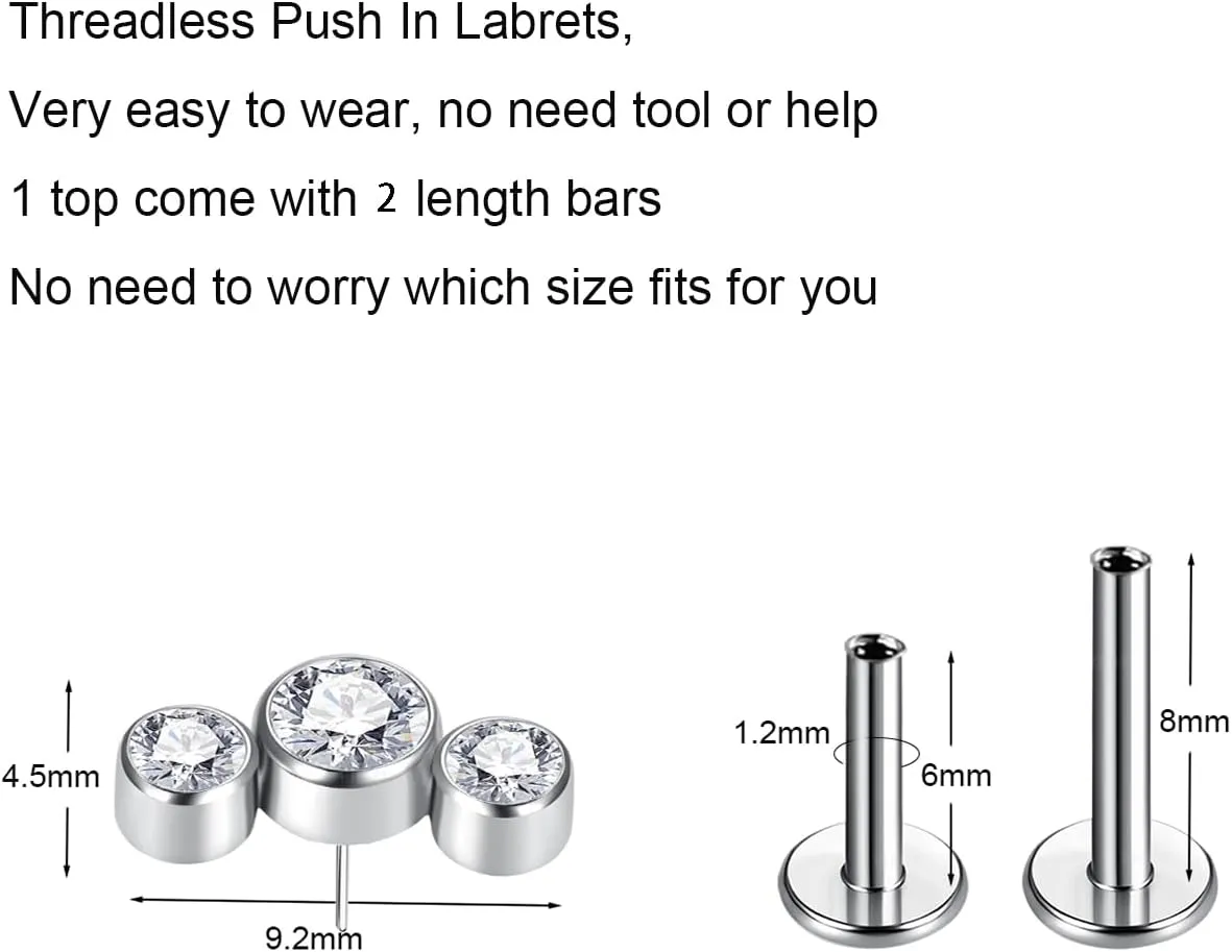 BelezaDosas G23 Titanium Labret Studs Threadless Push-in CZ Press Fit 16G 6mm 8mm 10mm Lip Cluster Tragus Helix Medusa Cartilage Push Back Piercing Jewelry for Men Women