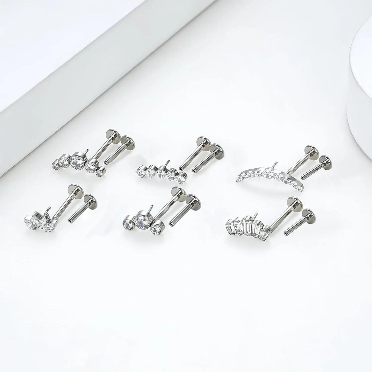 BelezaDosas G23 Titanium Labret Studs Threadless Push-in CZ Press Fit 16G 6mm 8mm 10mm Lip Cluster Tragus Helix Medusa Cartilage Push Back Piercing Jewelry for Men Women