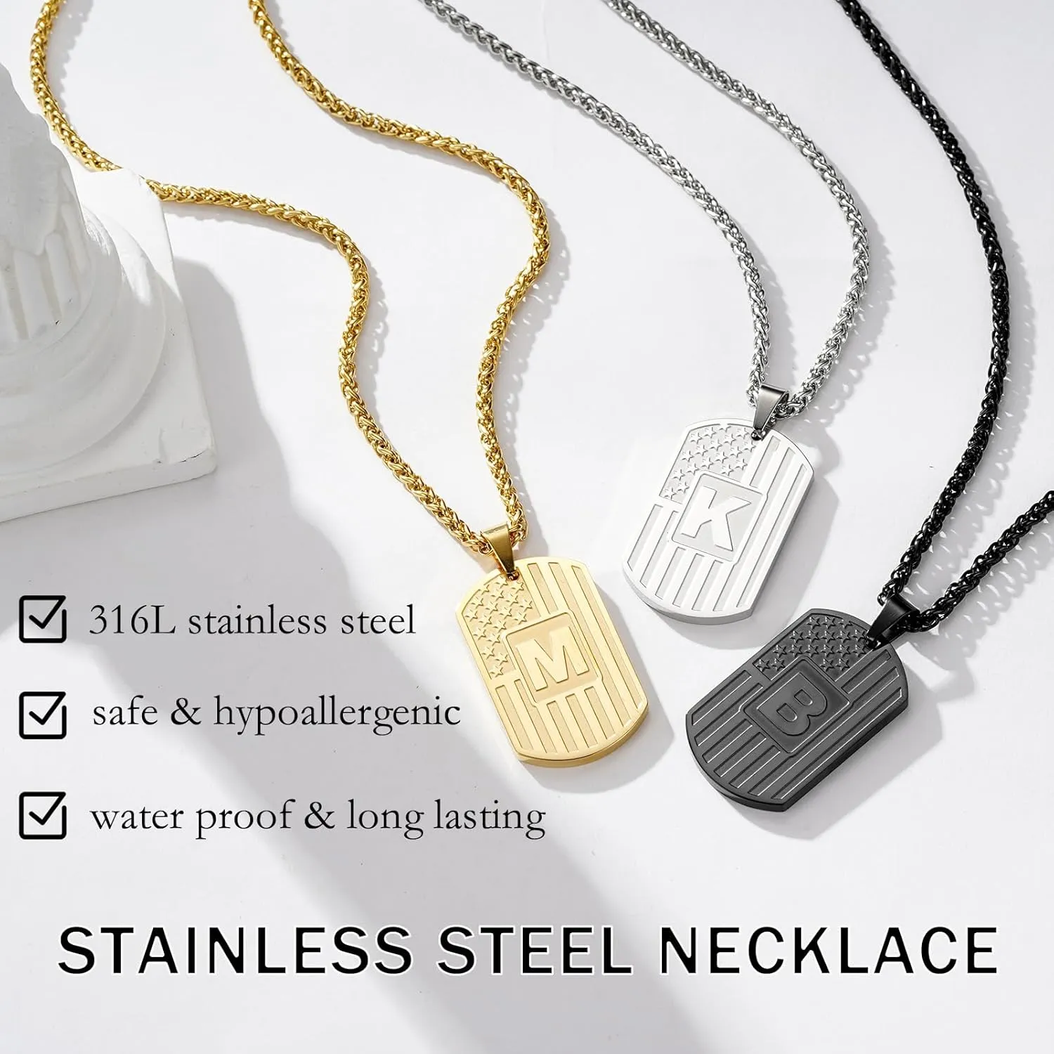 Bellino Graduation Gifts-Initial A-Z Letter Necklace for Men Boys Kids Teen, Stainless Steel American Flag Dog Tag Pendent Chain Jewelry Birthday Graduation Gifts for him boyfriend husband dad 24Inches