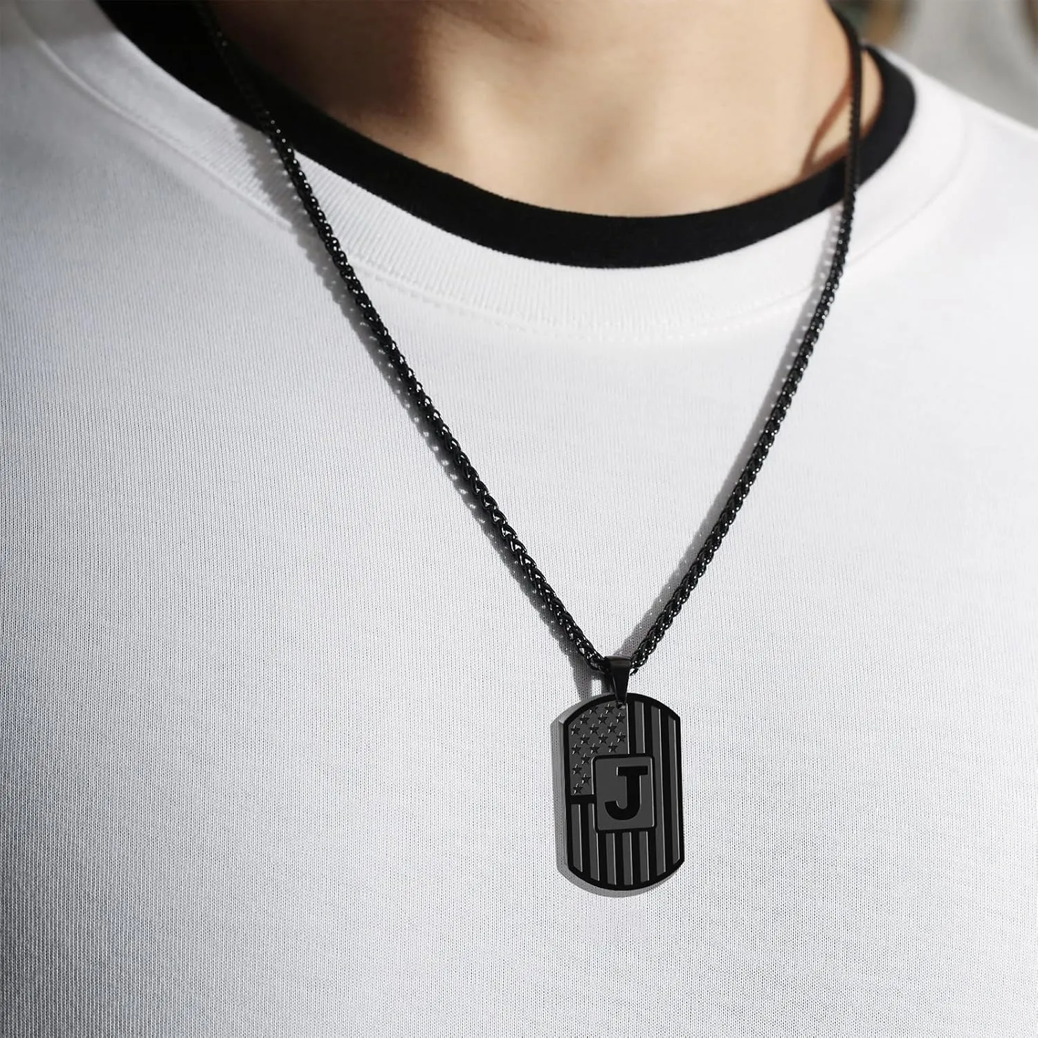 Bellino Graduation Gifts-Initial A-Z Letter Necklace for Men Boys Kids Teen, Stainless Steel American Flag Dog Tag Pendent Chain Jewelry Birthday Graduation Gifts for him boyfriend husband dad 24Inches