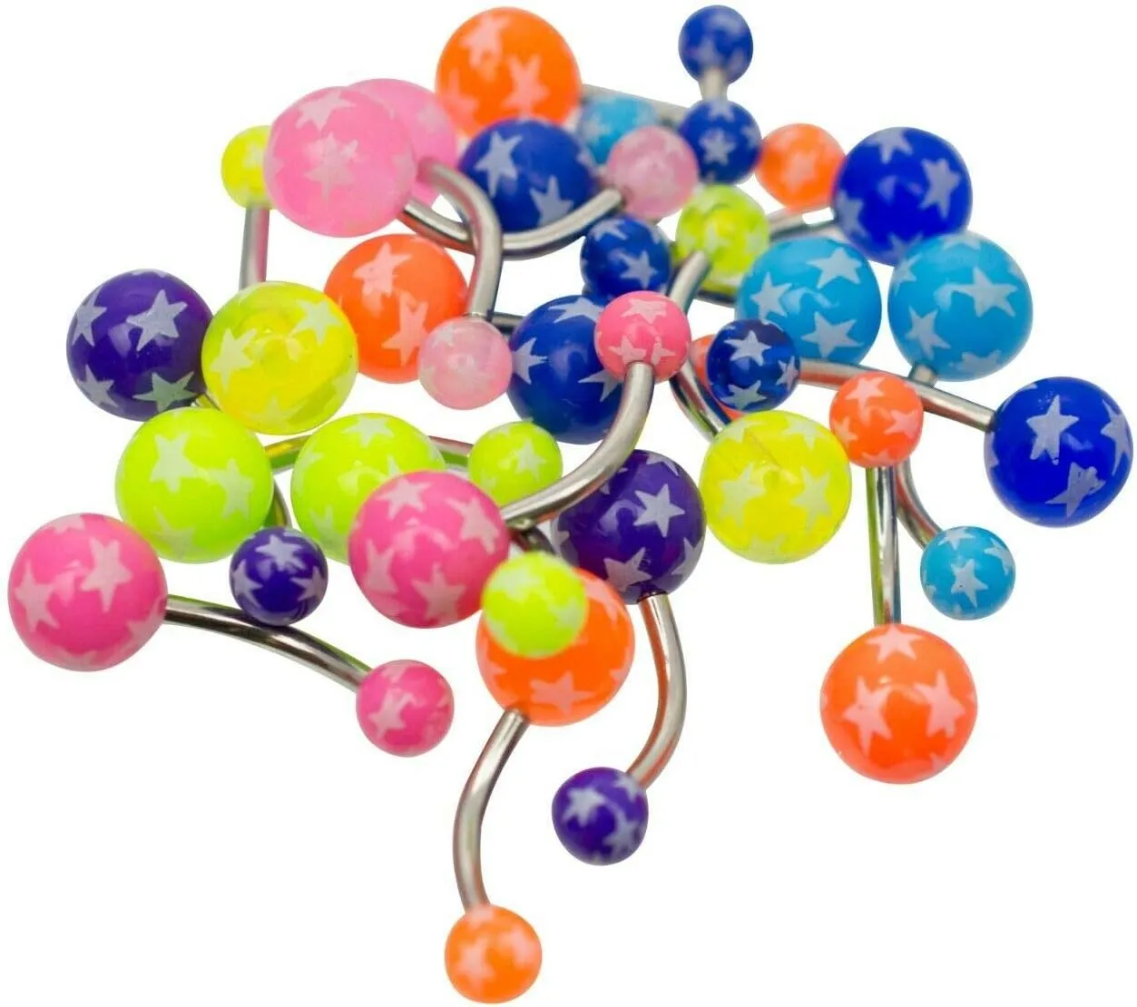 Belly Button Rings Pack of 20 with Acrylic Star Design Assorted Colors 14ga
