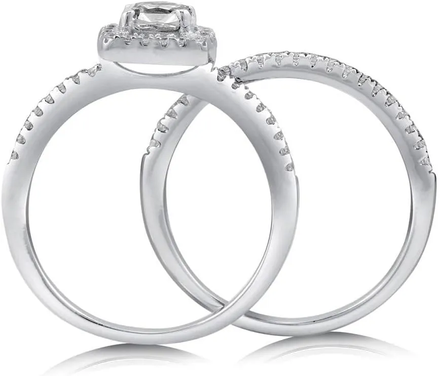 BERRICLE Sterling Silver Halo Wedding Engagement Rings Cushion Cut Cubic Zirconia CZ Ring Set for Women, Rhodium Plated Size 4-10