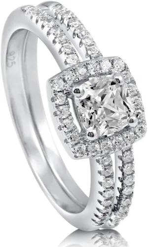 BERRICLE Sterling Silver Halo Wedding Engagement Rings Cushion Cut Cubic Zirconia CZ Ring Set for Women, Rhodium Plated Size 4-10