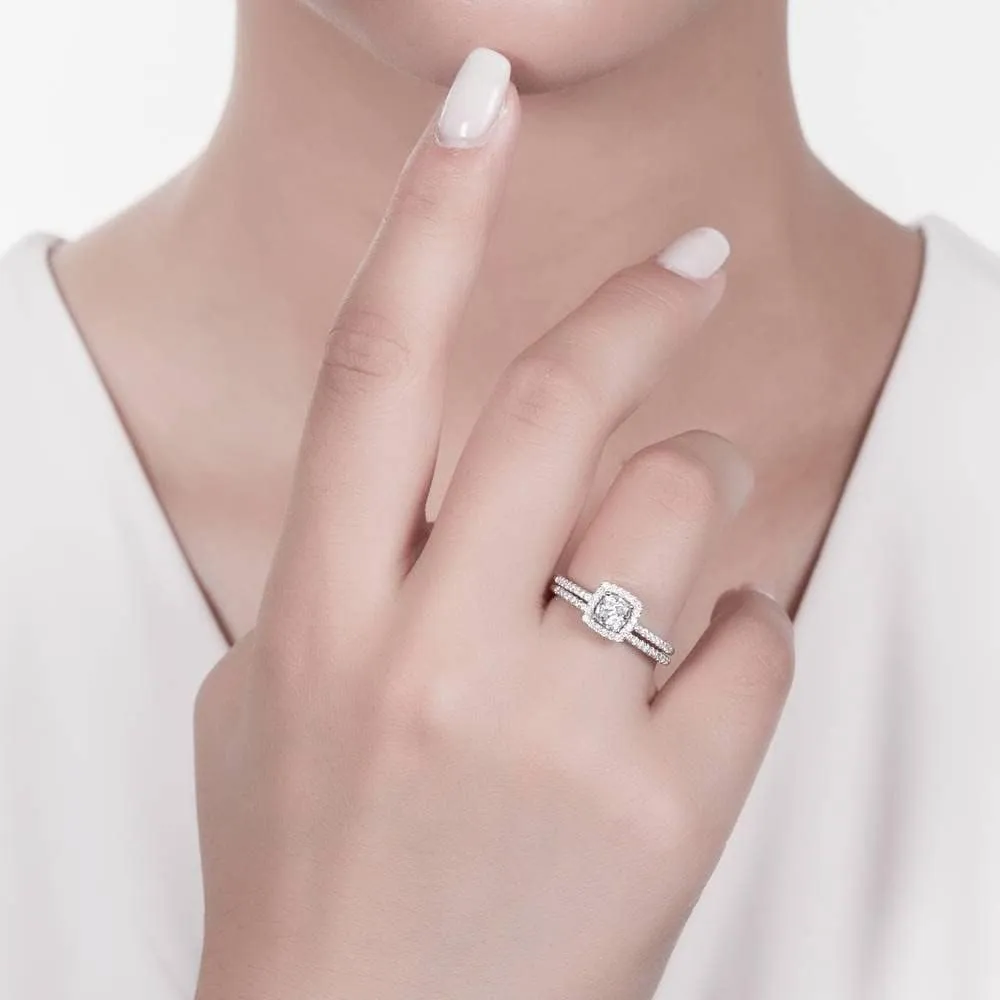 BERRICLE Sterling Silver Halo Wedding Engagement Rings Cushion Cut Cubic Zirconia CZ Ring Set for Women, Rhodium Plated Size 4-10