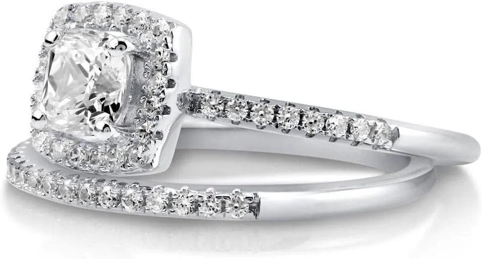 BERRICLE Sterling Silver Halo Wedding Engagement Rings Cushion Cut Cubic Zirconia CZ Ring Set for Women, Rhodium Plated Size 4-10