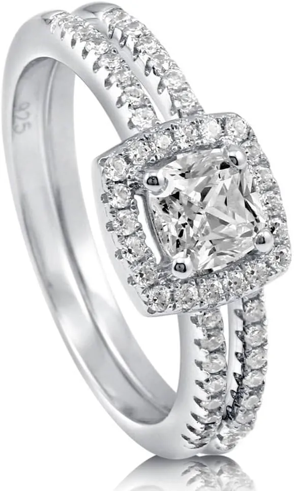 BERRICLE Sterling Silver Halo Wedding Engagement Rings Cushion Cut Cubic Zirconia CZ Ring Set for Women, Rhodium Plated Size 4-10