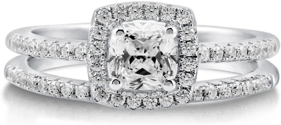 BERRICLE Sterling Silver Halo Wedding Engagement Rings Cushion Cut Cubic Zirconia CZ Ring Set for Women, Rhodium Plated Size 4-10