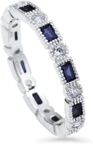 BERRICLE Sterling Silver Vintage Inspired Art Deco Wedding Rings Simulated Blue Sapphire Milgrain Bezel Set Cubic Zirconia CZ Anniversary Eternity Ring for Women, Rhodium Plated Size 4-10