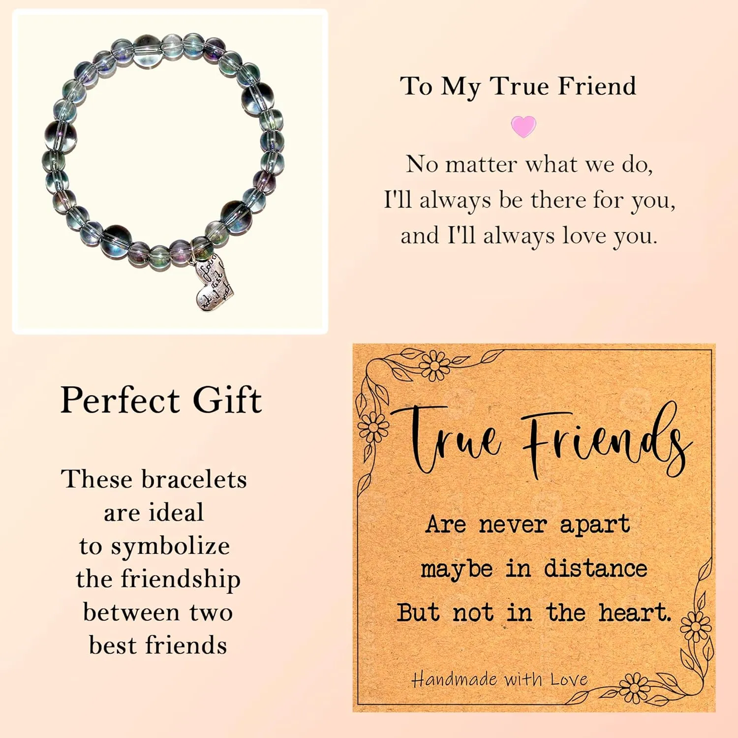 Best Friend Sister Jewelry and Gift Cards, Friendship Bracelets with Heart Bead Bracelet for Sister, Best Friend, BFF and Women (Iridescent)