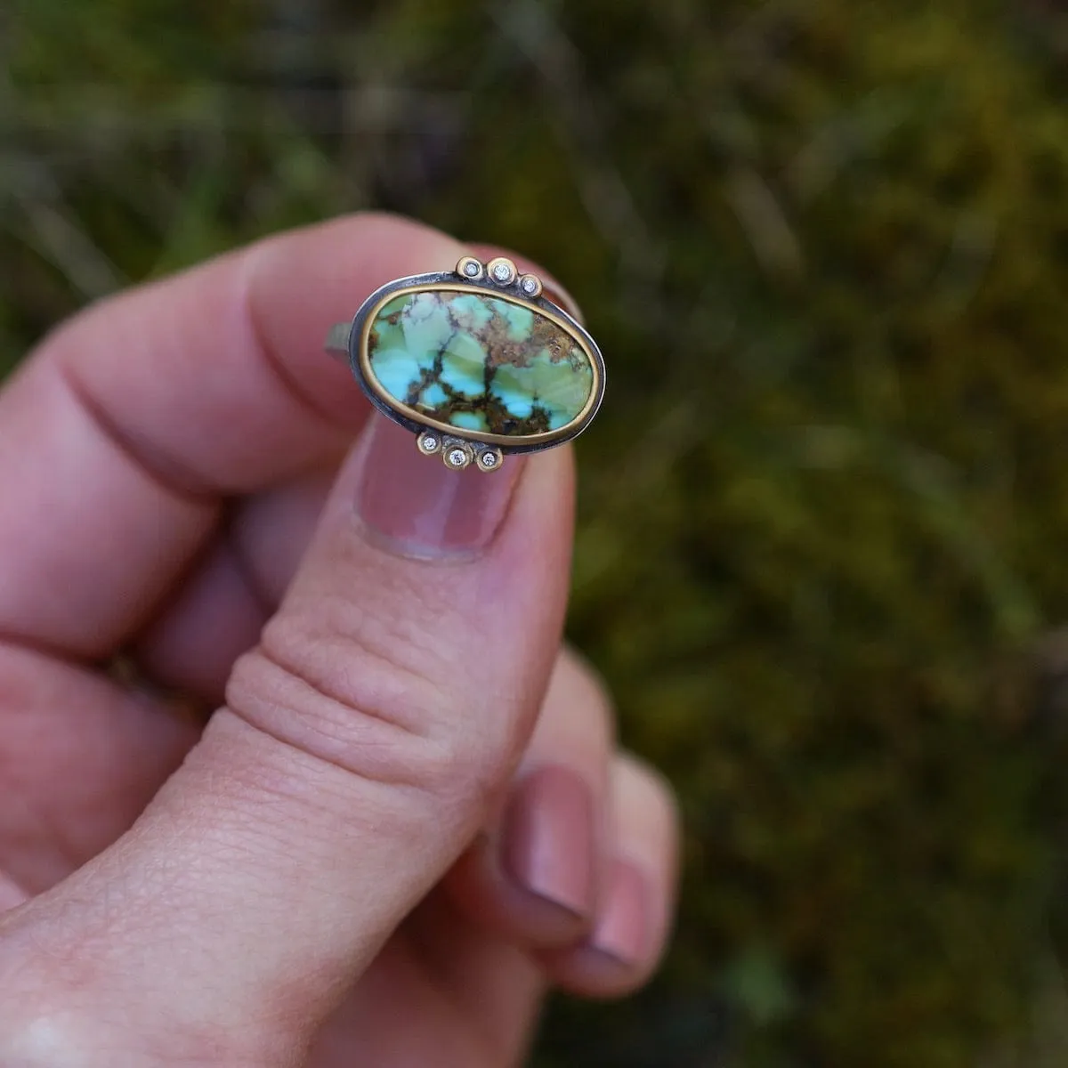 Bezel Set Horizontal Oval Turquoise with Diamond Trios Ring