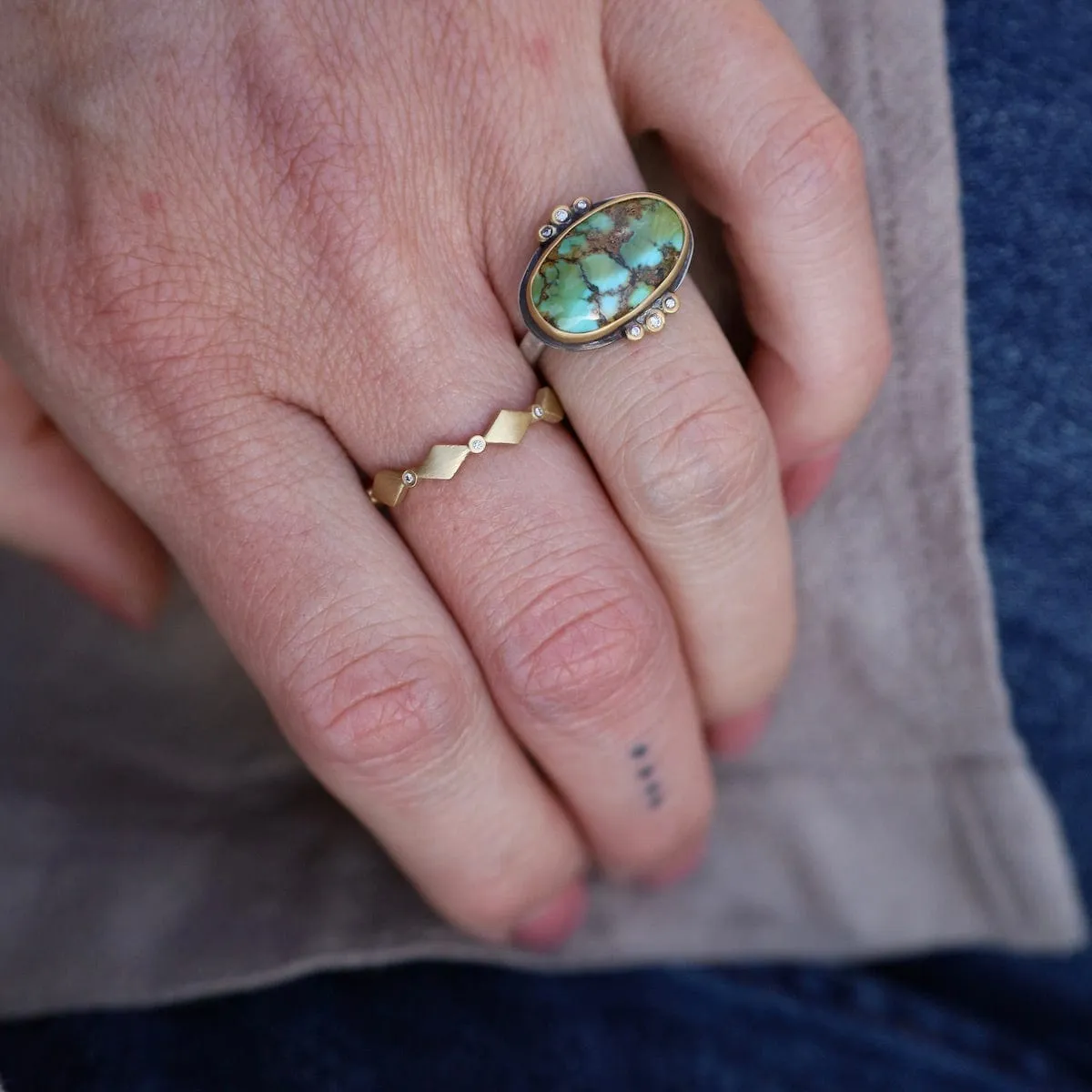 Bezel Set Horizontal Oval Turquoise with Diamond Trios Ring