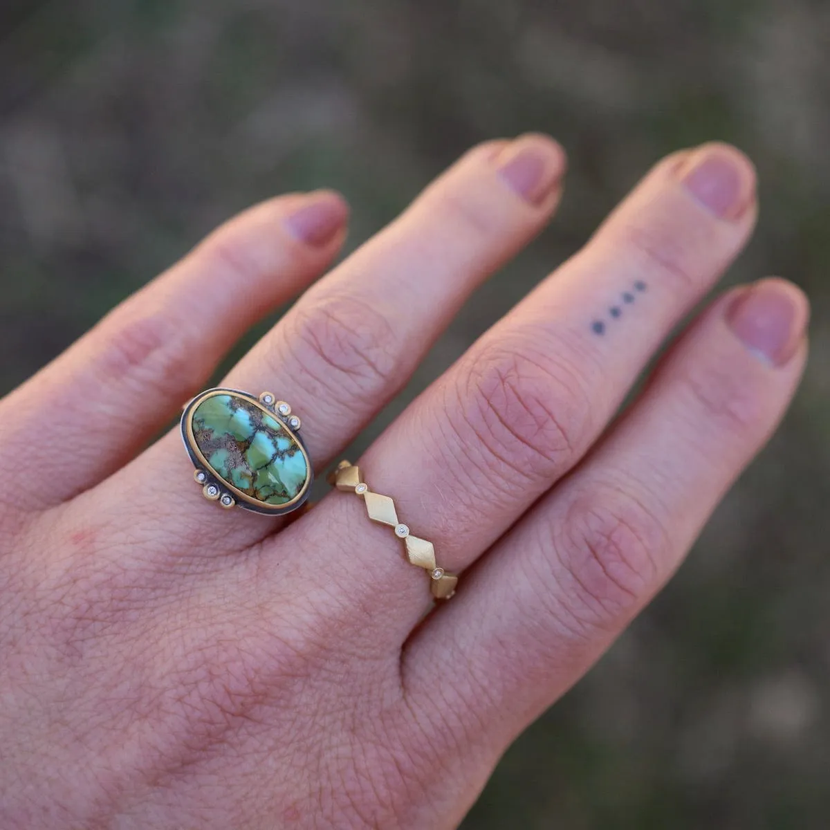 Bezel Set Horizontal Oval Turquoise with Diamond Trios Ring