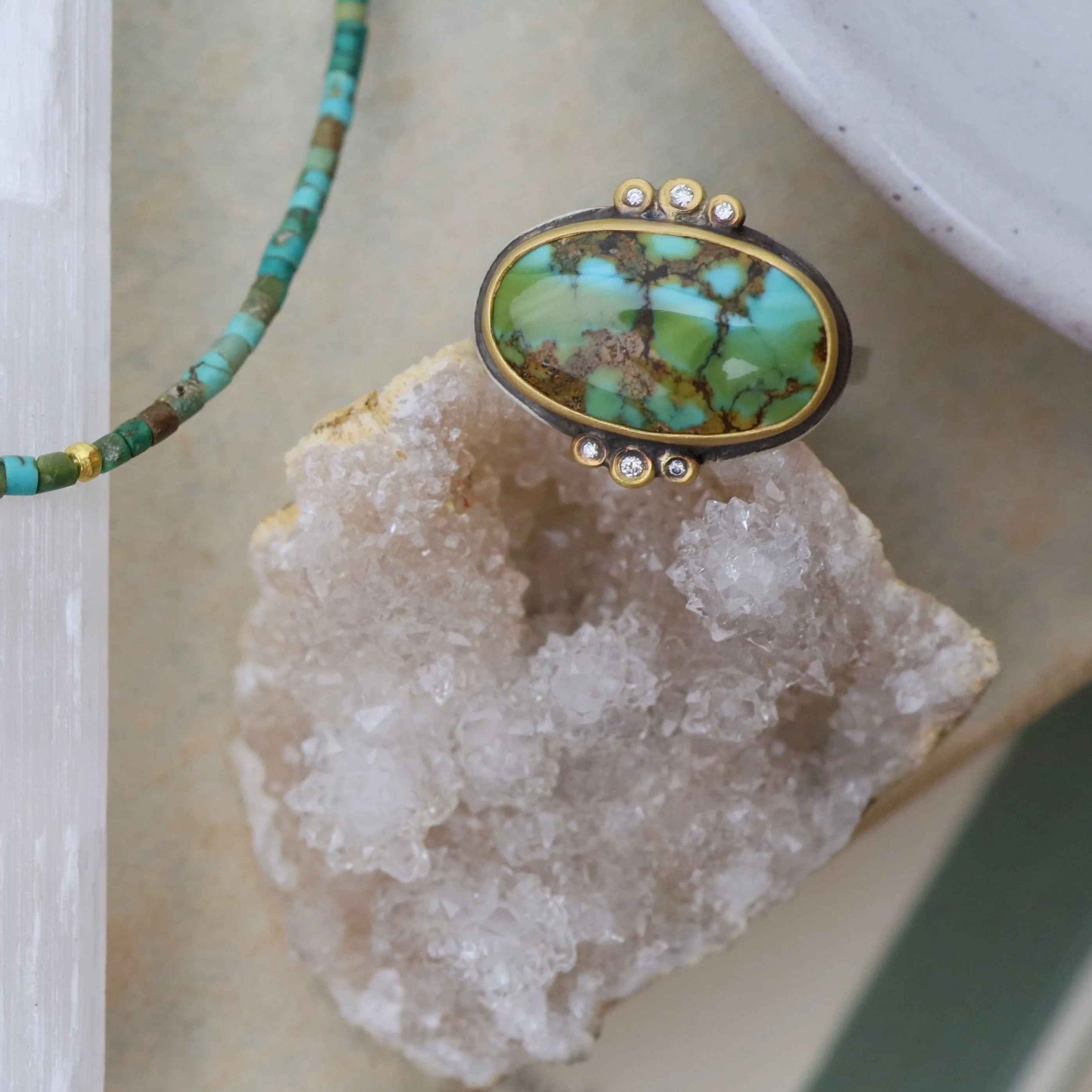Bezel Set Horizontal Oval Turquoise with Diamond Trios Ring