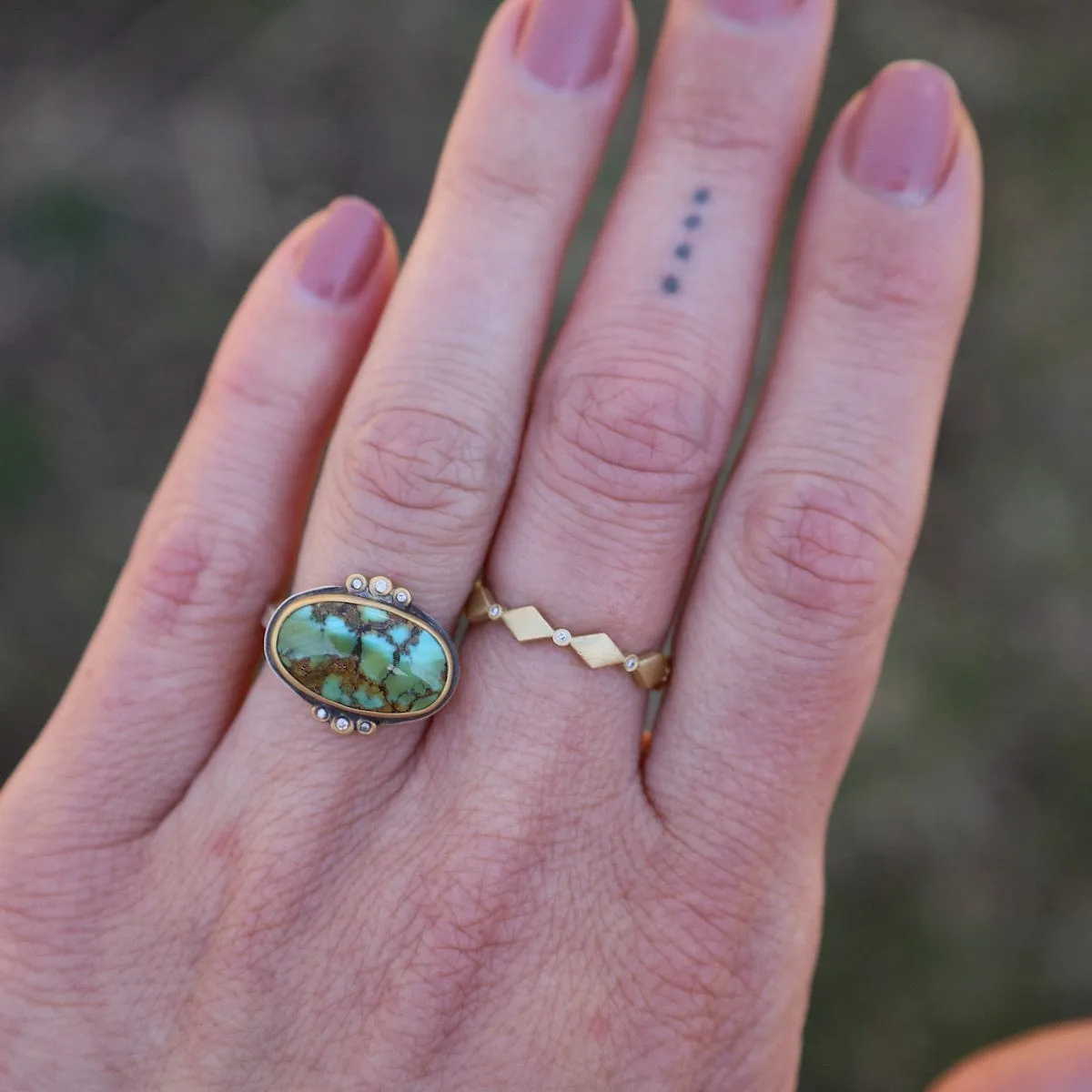 Bezel Set Horizontal Oval Turquoise with Diamond Trios Ring