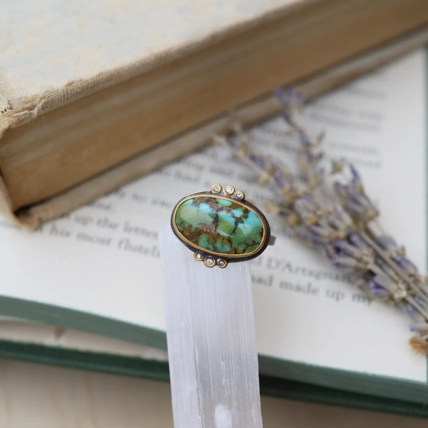 Bezel Set Horizontal Oval Turquoise with Diamond Trios Ring