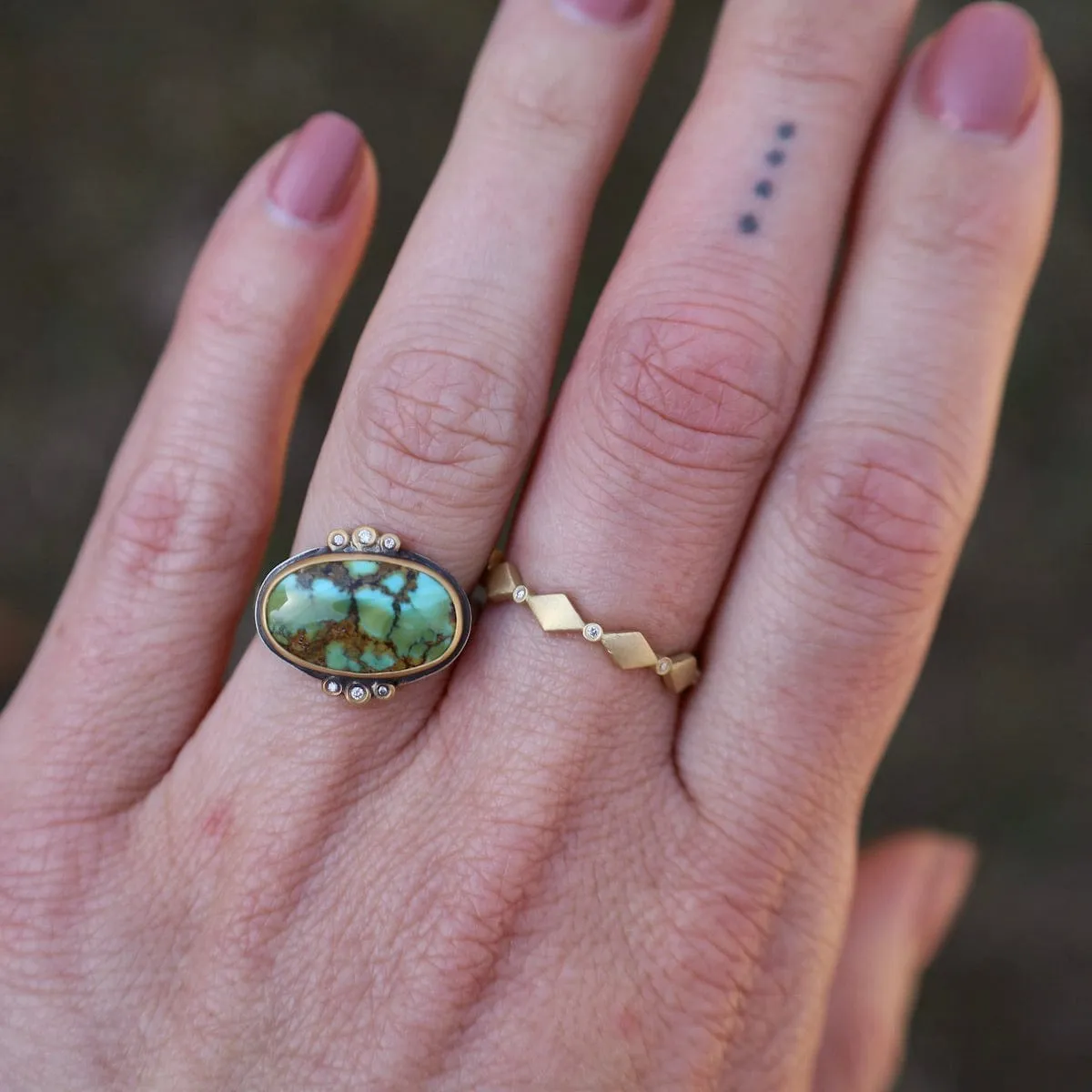 Bezel Set Horizontal Oval Turquoise with Diamond Trios Ring