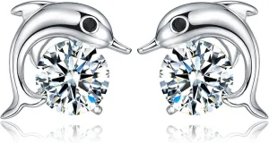 BG&WLing Sterling Silver Dolphin Stud Earrings for Women Hypoallergenic Sparkly Cubic Zirconia Studs Cute Jewelry Gifts for Animal Lovers (Dolphin)