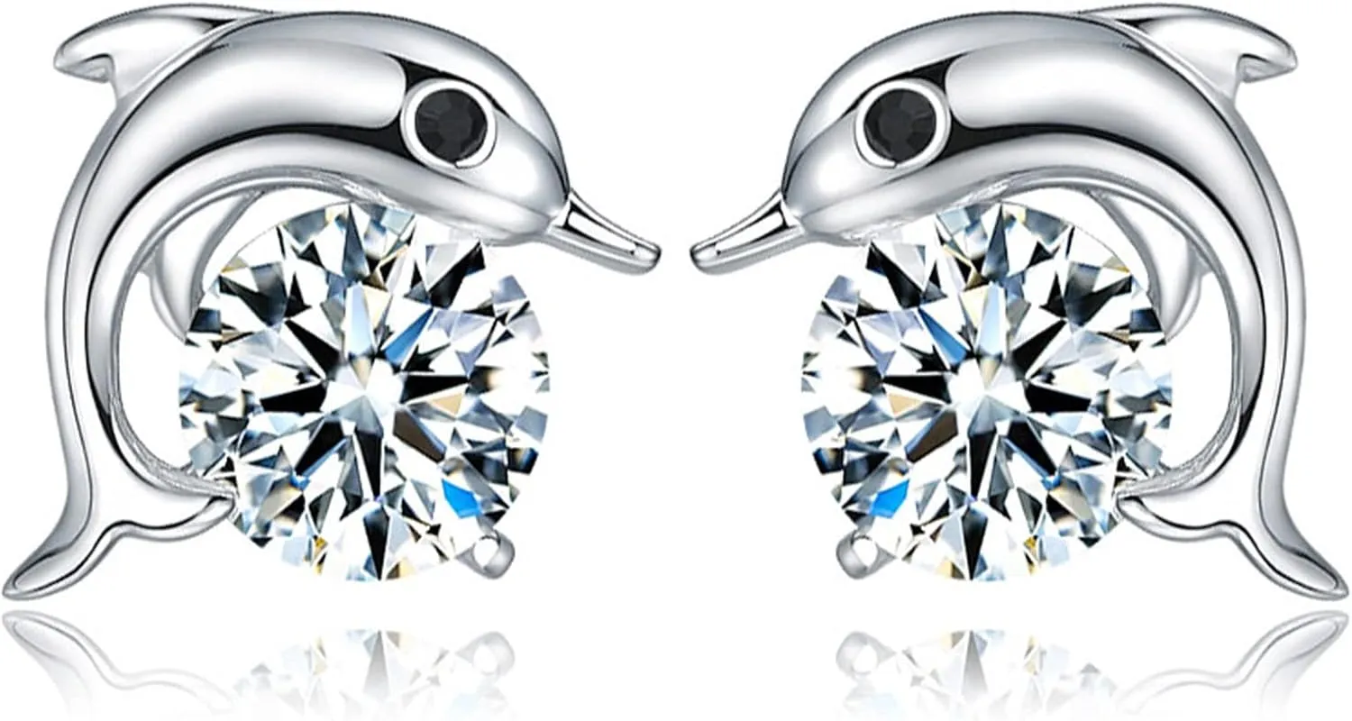 BG&WLing Sterling Silver Dolphin Stud Earrings for Women Hypoallergenic Sparkly Cubic Zirconia Studs Cute Jewelry Gifts for Animal Lovers (Dolphin)