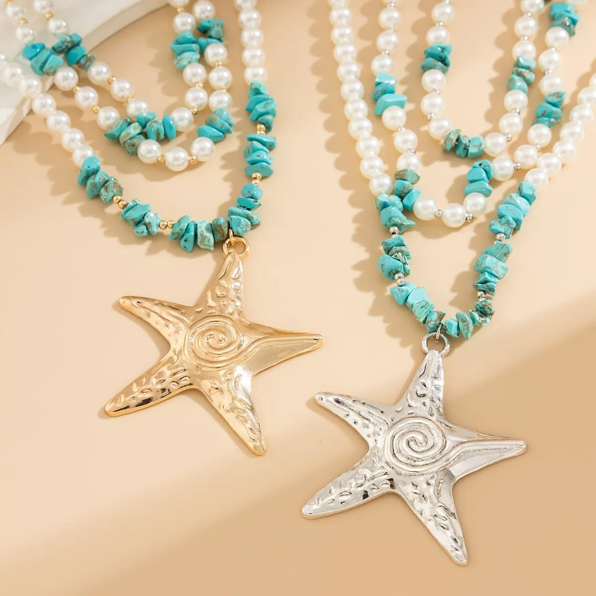 Big Starfish Layered Pendant Necklace for Women Turquoise Pearl Wrap Necklace Jewelry Boho Long Necklace Chain