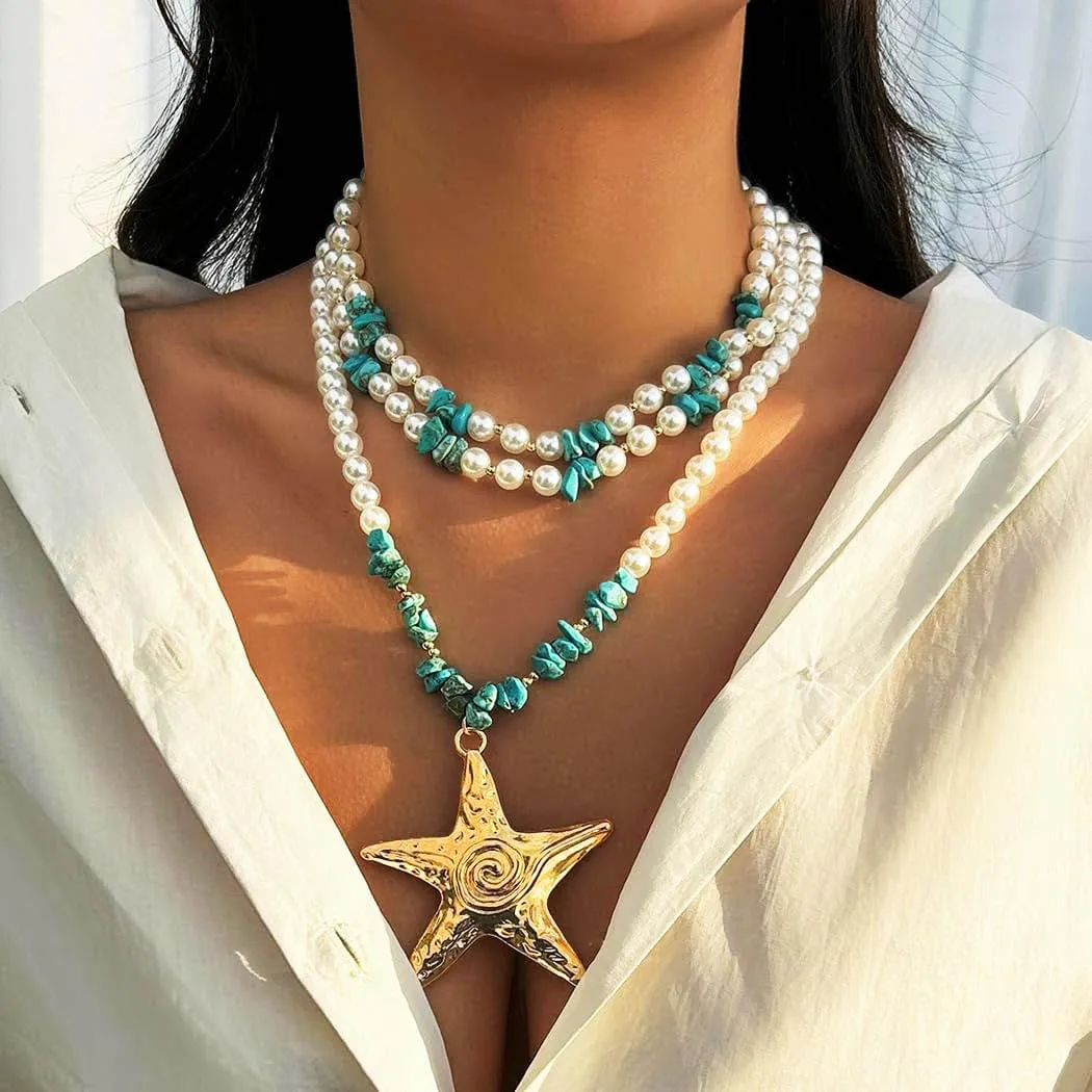 Big Starfish Layered Pendant Necklace for Women Turquoise Pearl Wrap Necklace Jewelry Boho Long Necklace Chain