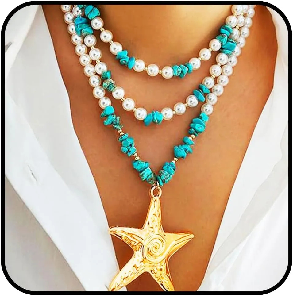 Big Starfish Layered Pendant Necklace for Women Turquoise Pearl Wrap Necklace Jewelry Boho Long Necklace Chain