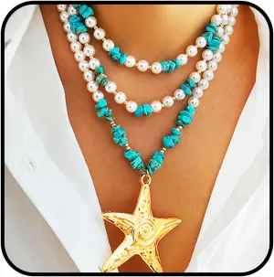 Big Starfish Layered Pendant Necklace for Women Turquoise Pearl Wrap Necklace Jewelry Boho Long Necklace Chain